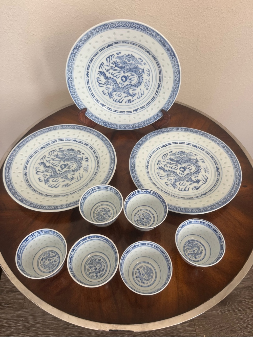 3 Jingdezhen Porcelain Dinner Plates 9” 6 Matching Porcelain Rice Bowls Dragon
